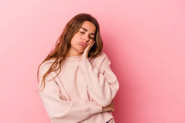 Jonge Blanke Vrouw Geïsoleerd Roze Achtergrond Die Verveeld Vermoeid Behoefte — Stockfoto