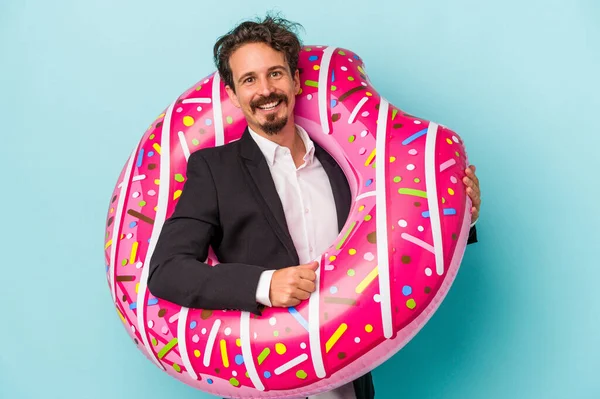 Young Business Man Inflatable Donut Isolated Blue Background Happy Smiling — 图库照片