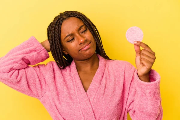 Young African American Woman Wearing Bathrobe Holding Make Disk Isolated — 图库照片