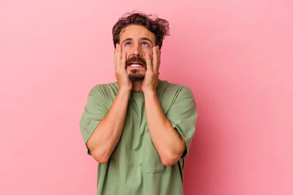 Young Caucasian Man Isolated Pink Background Whining Crying Disconsolately — Stock Photo, Image