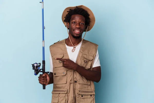 Young African American Fisherman Holding Rod Isolated Blue Background Smiling — ストック写真