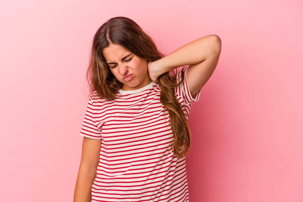 Young Caucasian Woman Isolated Pink Background Suffering Neck Pain Due — Stock Photo, Image