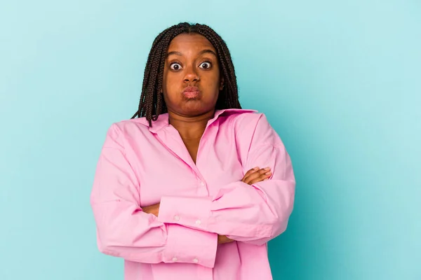 Young African American Woman Isolated Blue Background Blows Cheeks Has — Stock Photo, Image