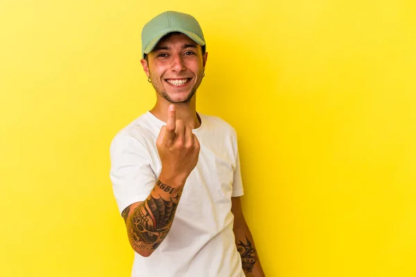 Young Caucasian Man Tattoos Isolated Yellow Background Pointing Finger You — 스톡 사진