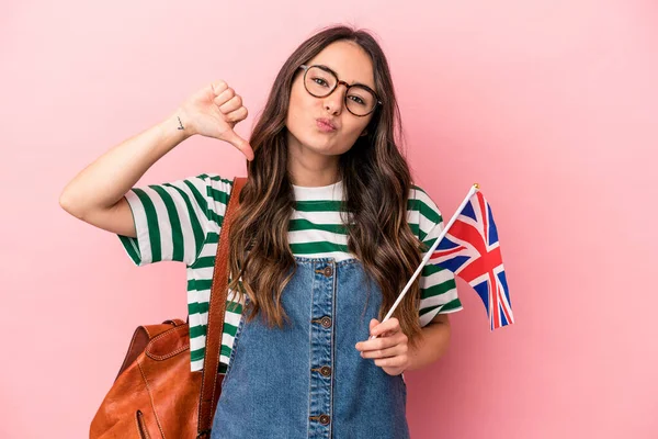 Young Caucasian Student Woman Studying English Isolated Pink Background Feels — Photo