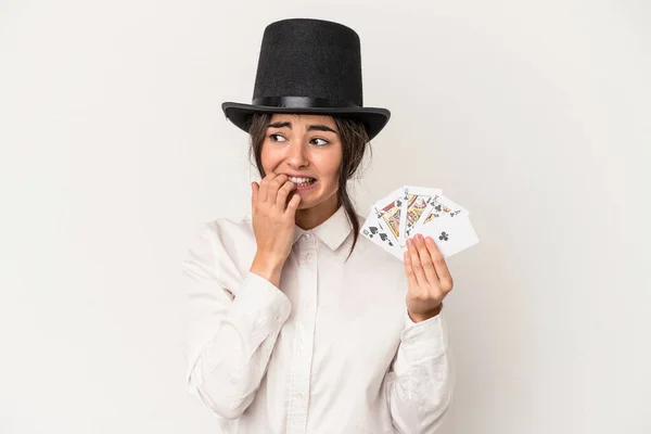 Young Magician Woman Holding Wand Isolated White Background Biting Fingernails — 图库照片