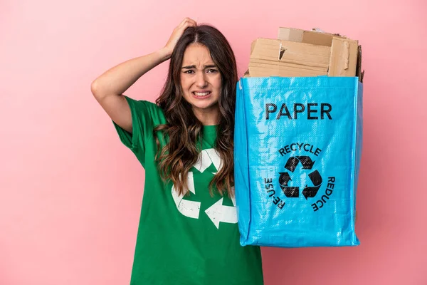 Young Caucasian Woman Recycled Paper Isolated Pink Background Being Shocked — Foto de Stock