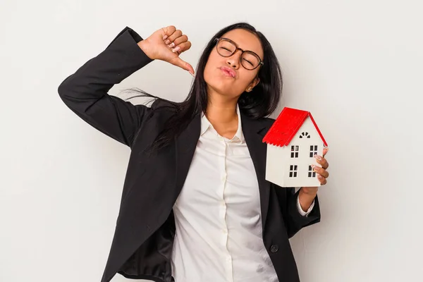 Young Business Latin Woman Holding Toy House Isolated White Background — Stock Photo, Image