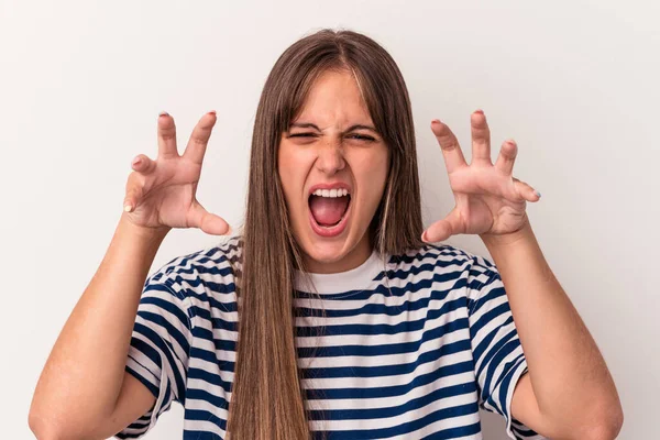 Giovane Donna Caucasica Isolata Sfondo Bianco Mostrando Artigli Che Imitano — Foto Stock