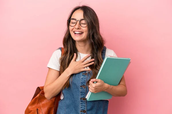 Young Caucasian Student Woman Isolated Pink Background Laughs Out Loudly — Foto de Stock