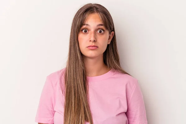 Ung Kaukasisk Kvinna Isolerad Vit Bakgrund Ledsen Allvarligt Ansikte Känna — Stockfoto