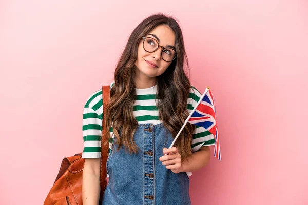 Young Caucasian Student Woman Studying English Isolated Pink Background Dreaming — Photo