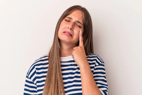 Giovane Donna Caucasica Isolata Sfondo Bianco Piangendo Infelice Con Qualcosa — Foto Stock