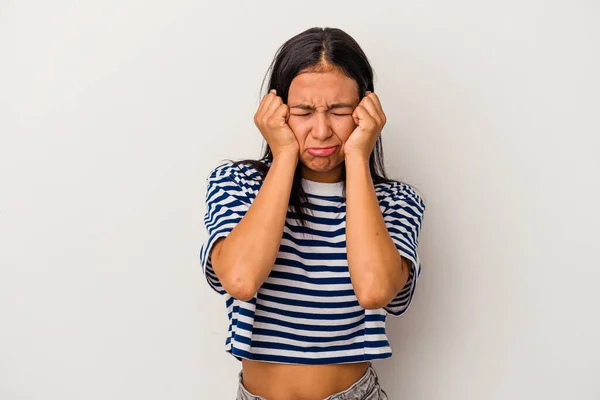 Mujer Latina Joven Aislada Sobre Fondo Blanco Llorando Infeliz Con —  Fotos de Stock