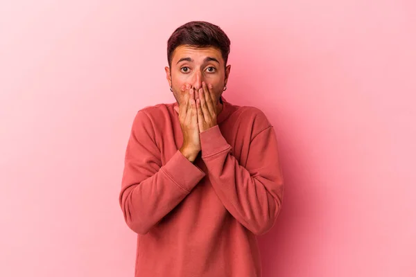 Young Caucasian Man Tattoos Isolated Yellow Background Shocked Covering Mouth —  Fotos de Stock