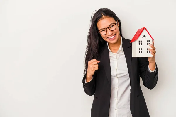 Young Business Latin Woman Holding Toy House Isolated White Background — Stock Photo, Image