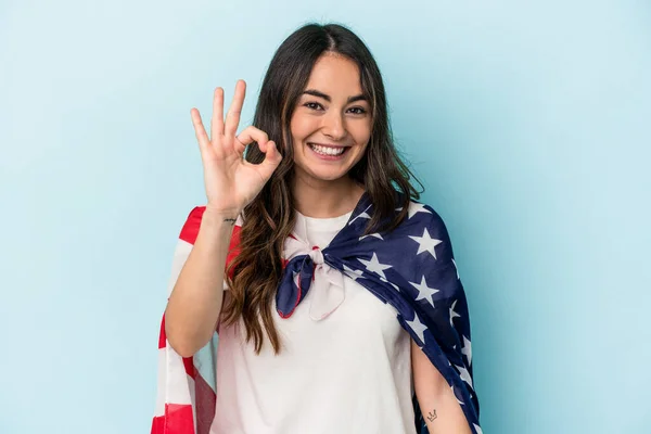 Young Caucasian Woman Holding American Flag Isolated Blue Background Cheerful — Photo