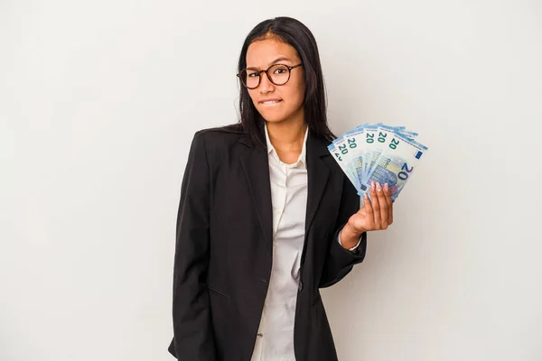 Young Business Latin Woman Holding Bills Coffee Isolated White Background — Stock Photo, Image
