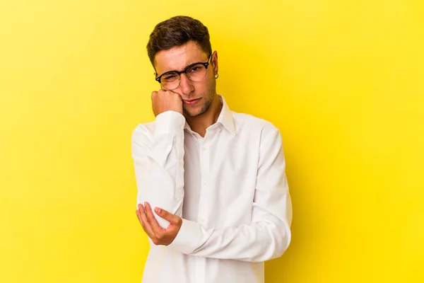 Young Caucasian Man Tattoos Isolated Yellow Background Who Feels Sad — Stock Photo, Image