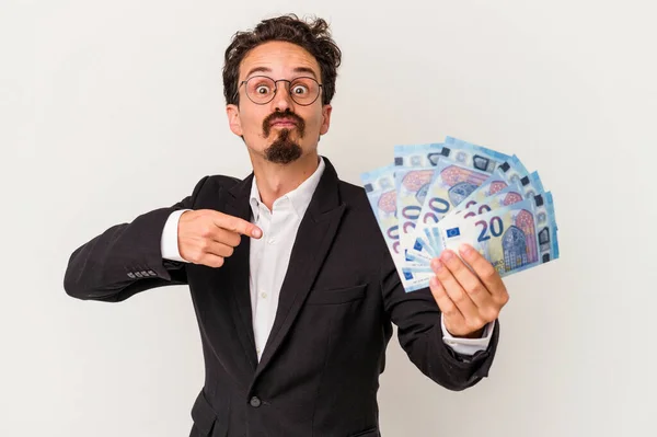 Young Caucasian Man Holding Banknotes Isolated Pink Background — Stock Photo, Image