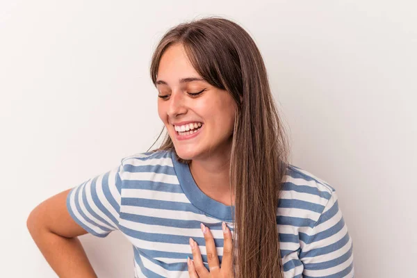 Junge Kaukasische Frau Auf Weißem Hintergrund Isoliert Lachend Die Hände — Stockfoto
