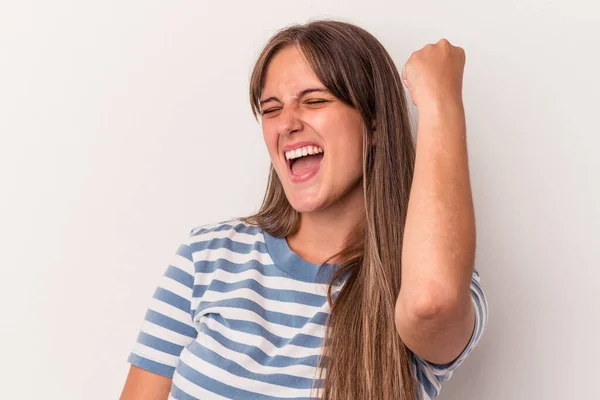 Young Caucasian Woman Isolated White Background Celebrating Victory Passion Enthusiasm — Stock Photo, Image