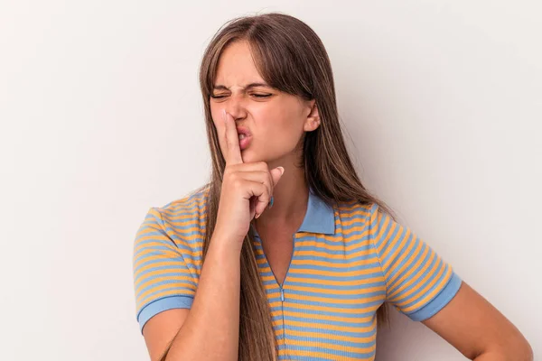 Young Caucasian Woman Isolated White Background Keeping Secret Asking Silence — Stock Photo, Image