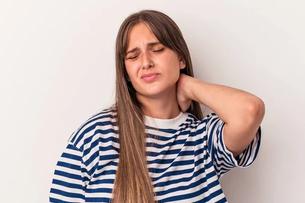 Giovane Donna Caucasica Isolata Sfondo Bianco Massaggiando Gomito Soffrendo Dopo — Foto Stock