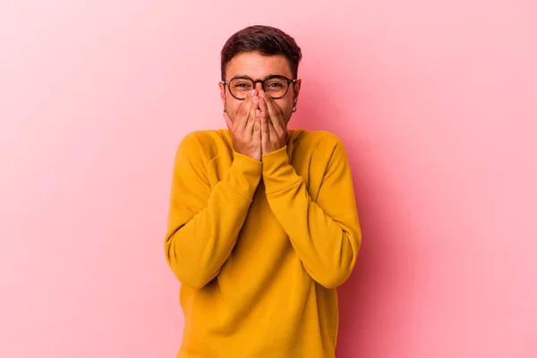 Young Caucasian Man Tattoos Isolated Yellow Background Laughing Something Covering —  Fotos de Stock