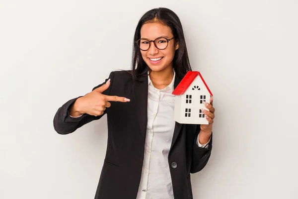 Young Business Latin Woman Holding Toy House Isolated White Background — Stock Photo, Image