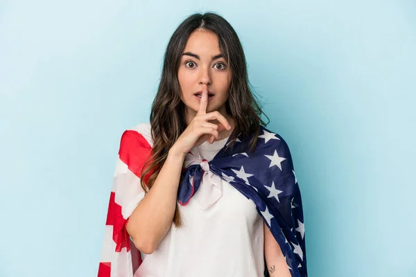 Young Caucasian Woman Holding American Flag Isolated Blue Background Keeping — Photo