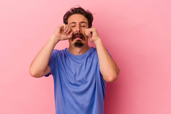 Young Caucasian Man Isolated Pink Background Whining Crying Disconsolately — Stock Photo, Image