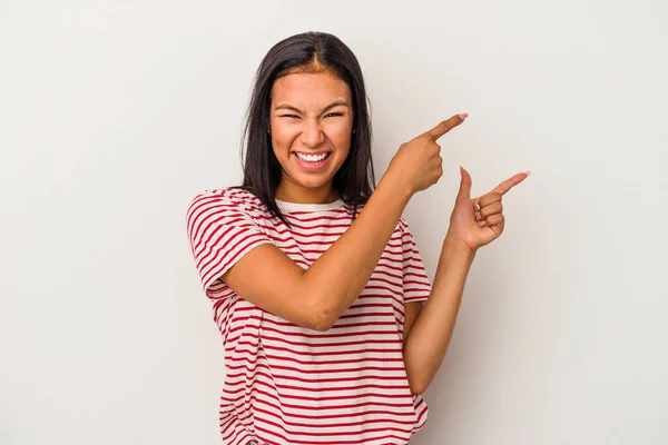 Young Latin Woman Isolated White Background Excited Pointing Forefingers Away — 图库照片