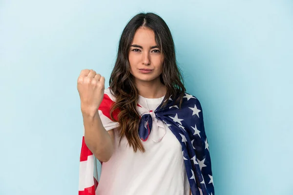 Young Caucasian Woman Holding American Flag Isolated Blue Background Showing — Photo