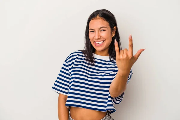 Young Latin Woman Isolated White Background Showing Rock Gesture Fingers — Stock Photo, Image