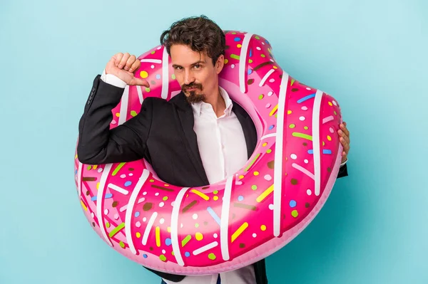 Young Business Man Inflatable Donut Isolated Blue Background Feels Proud — 图库照片