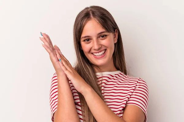 Mulher Caucasiana Jovem Isolado Fundo Branco Sentindo Enérgico Confortável Esfregando — Fotografia de Stock