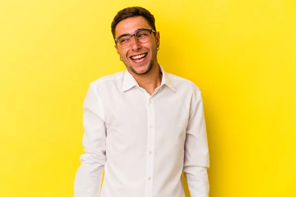 Young Caucasian Man Tattoos Isolated Yellow Background Laughs Closes Eyes — Stock Photo, Image