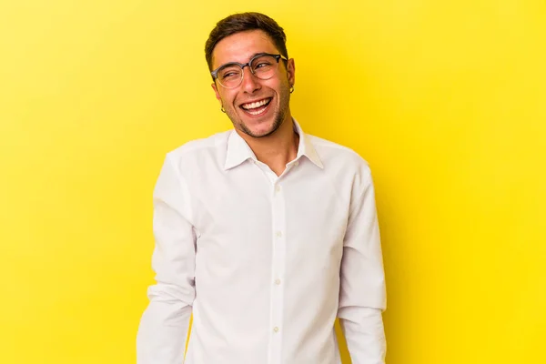 Young Caucasian Man Tattoos Isolated Yellow Background Laughs Closes Eyes — ストック写真