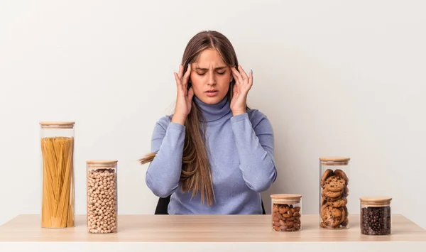 Young Caucasian Woman Sitting Table Food Pot Isolated White Background — Stockfoto