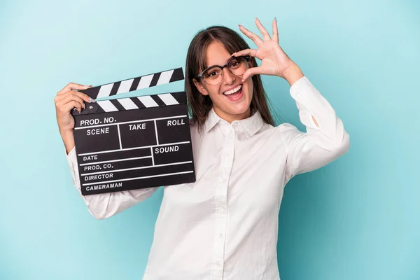 Young Caucasian Woman Holding Clapperboard Isolated Blue Background Excited Keeping — Stock Photo, Image