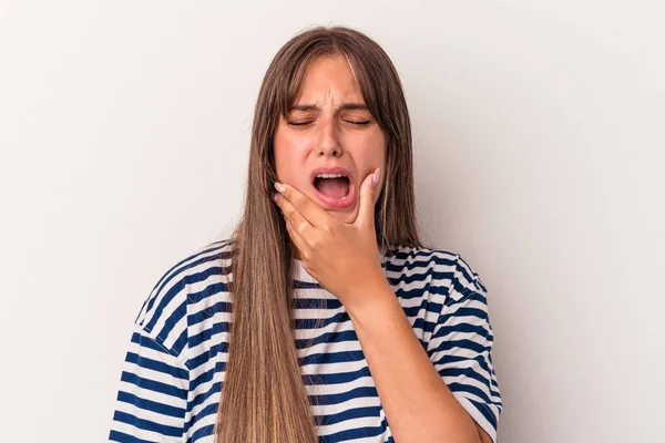 Mujer Caucásica Joven Aislada Sobre Fondo Blanco Con Fuerte Dolor — Foto de Stock