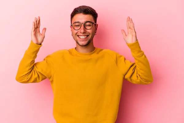 Young Caucasian Man Tattoos Isolated Yellow Background Joyful Laughing Lot — 스톡 사진