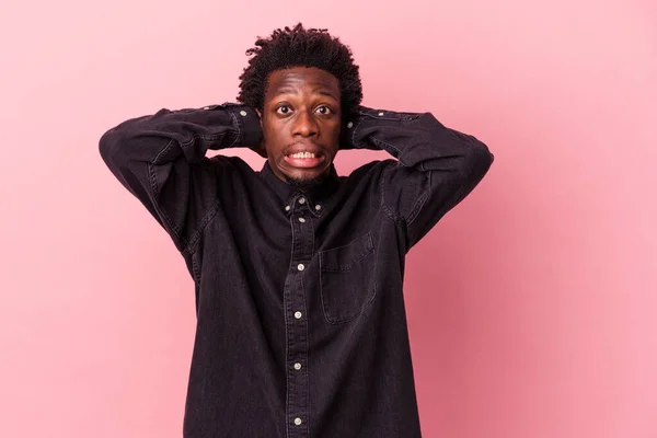 Young African American Man Isolated Pink Background Screaming Rage — 스톡 사진