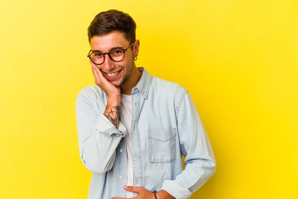 Young Caucasian Man Tattoos Isolated Yellow Background Laughs Happily Has — 스톡 사진
