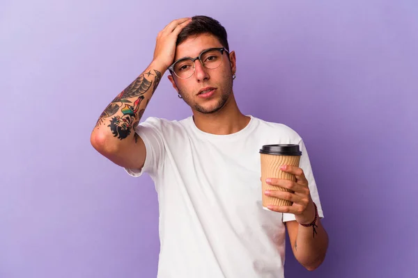Young Caucasian Man Holding Take Away Coffee Isolated Purple Background —  Fotos de Stock