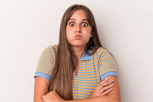 Mujer Joven Caucásica Aislada Sobre Fondo Blanco Sopla Mejillas Tiene —  Fotos de Stock