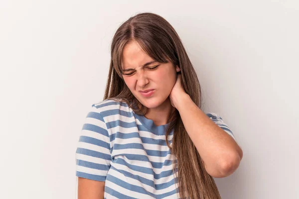 Giovane Donna Caucasica Isolata Sfondo Bianco Che Dolore Collo Causa — Foto Stock