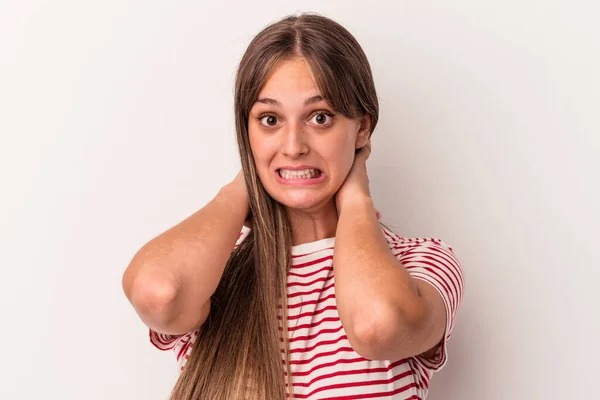 Jonge Blanke Vrouw Geïsoleerd Witte Achtergrond Aanraken Achterkant Van Het — Stockfoto