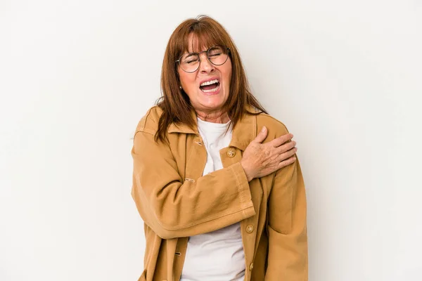 Mulher Caucasiana Meia Idade Isolada Fundo Branco Com Dor Ombro — Fotografia de Stock